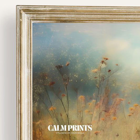 Print of a blooming wildflower meadow glowing under warm sunlight
