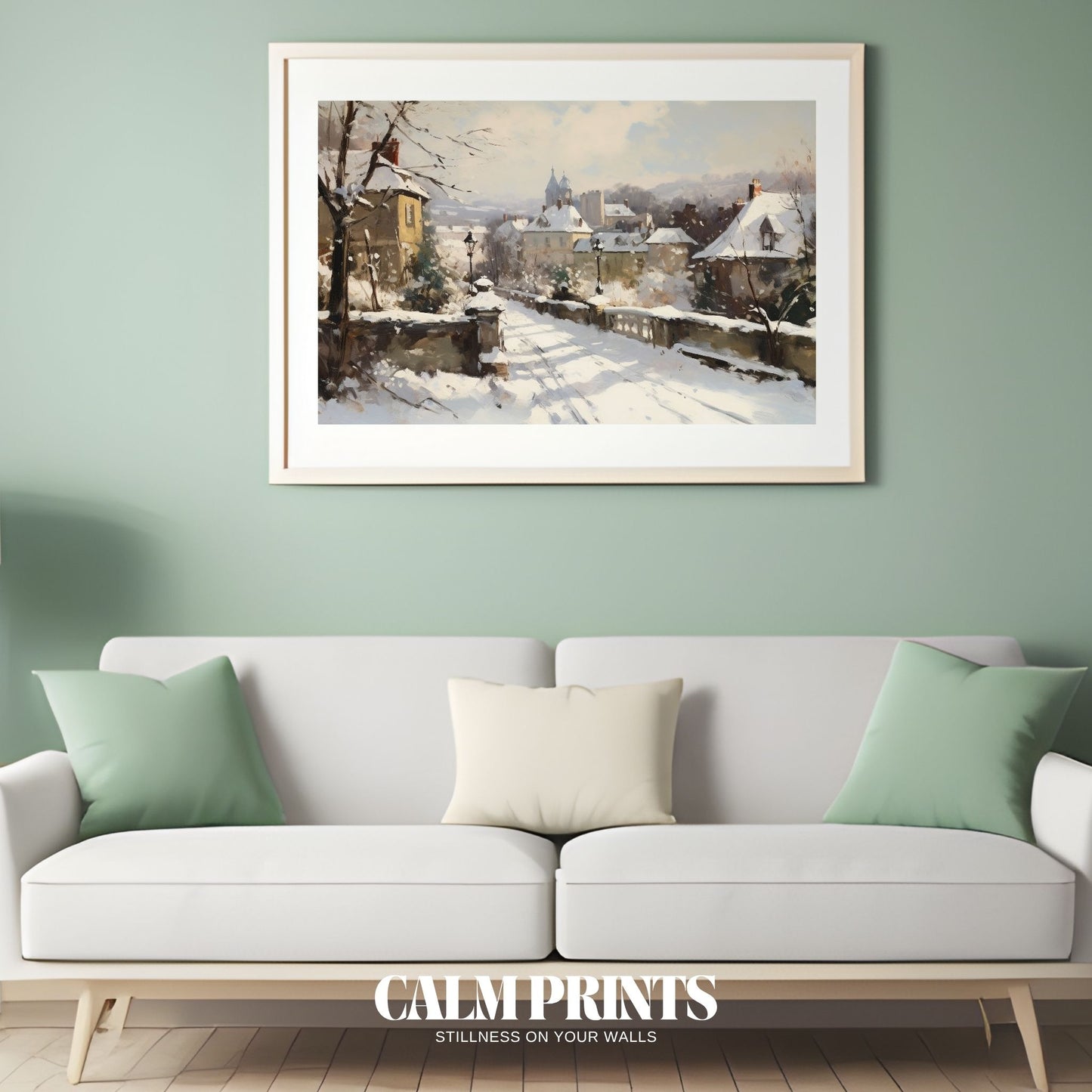 Wall print of a tranquil village scene in soft winter light