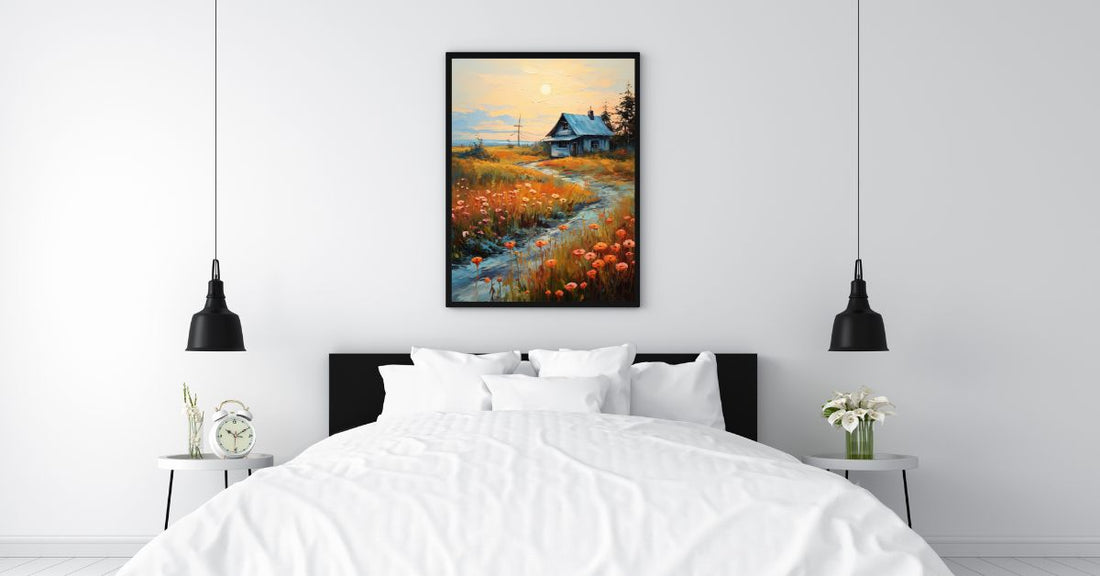 Scandinavian cottage landscape poster above bed