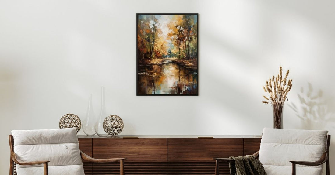 Calmprint autumn forest art print with golden leaves and misty pine trees
