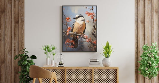 Styled living room with a gallery wall of botanical prints from Calmprint