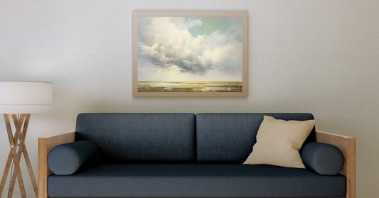 Framed Scandinavian forest art print featuring misty pine trees in soft green hues