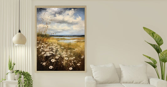 Bright floral poster in soft summer tones hanging in sunlit living room