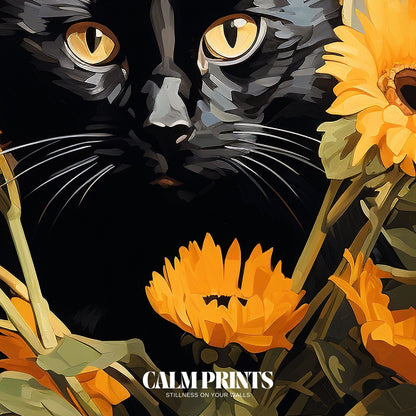 Black Cat with Sunflowers Artful Pet Portrait Poster
