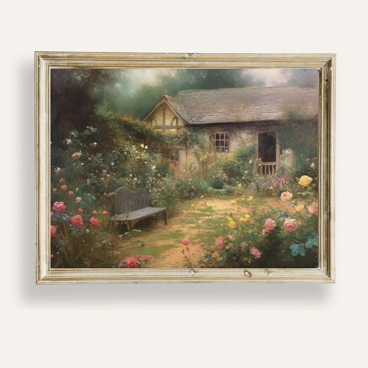 Quaint garden retreat with a charming cottage and blooming flower beds
