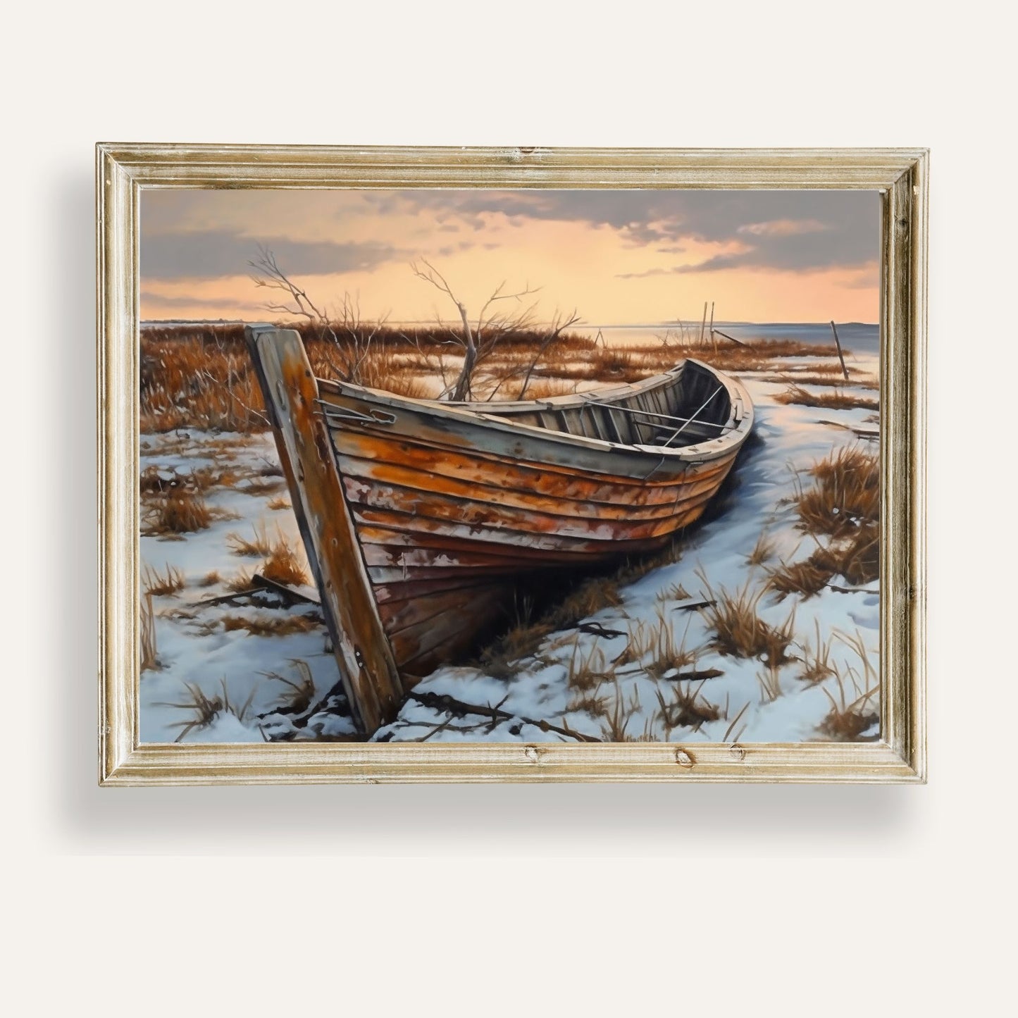 Art print of an abandoned boat resting quietly by the shore