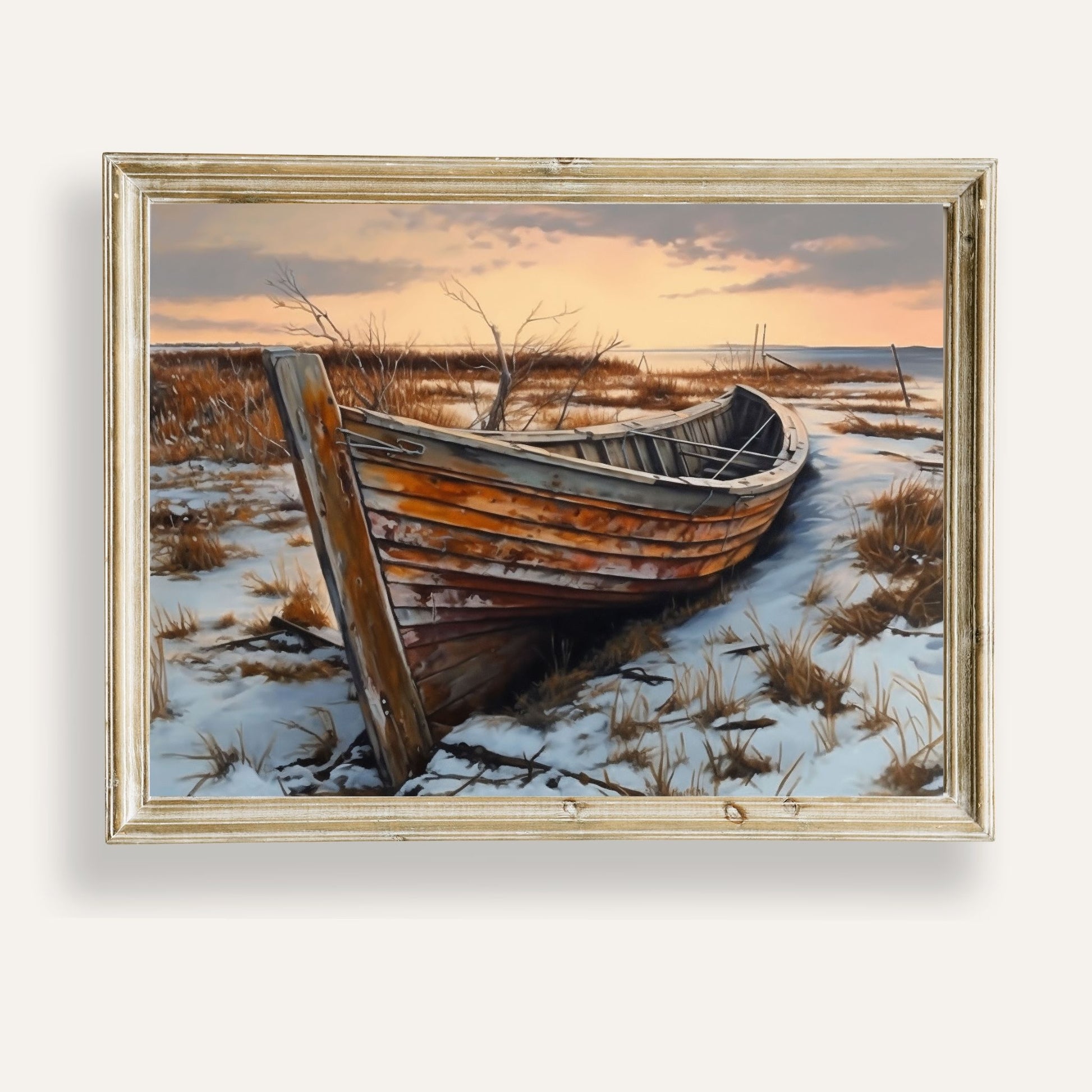 Art print of an abandoned boat resting quietly by the shore