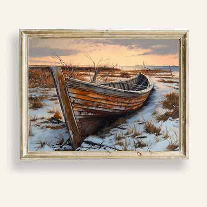 Art print of an abandoned boat resting quietly by the shore