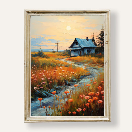 Abandoned cabin surrounded by vibrant autumn field in rustic landscape