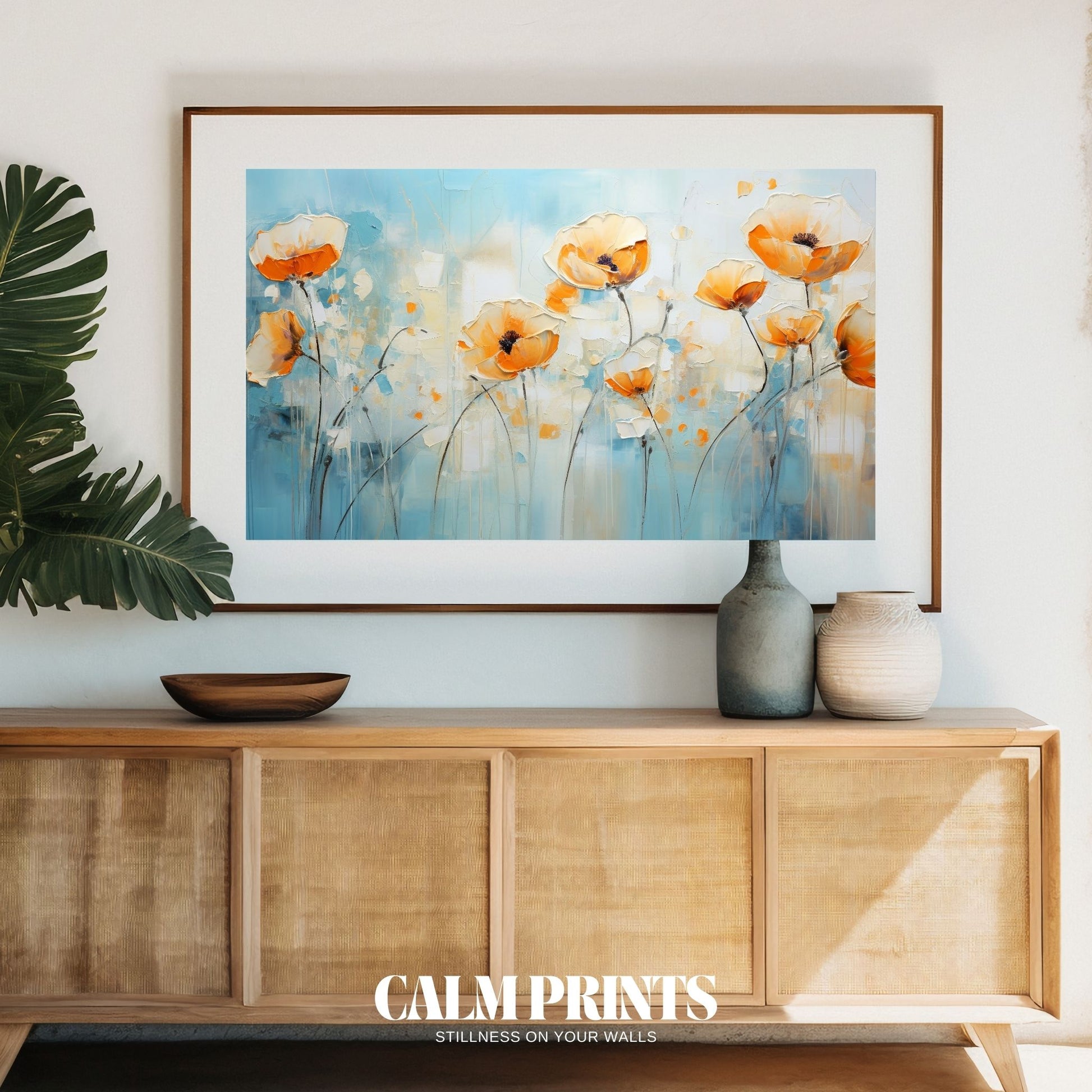 Abstract botanical artwork in bold orange and cool blue tones