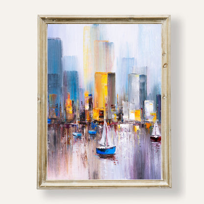 Abstract cityscape print with boats docked along a stylised harbour