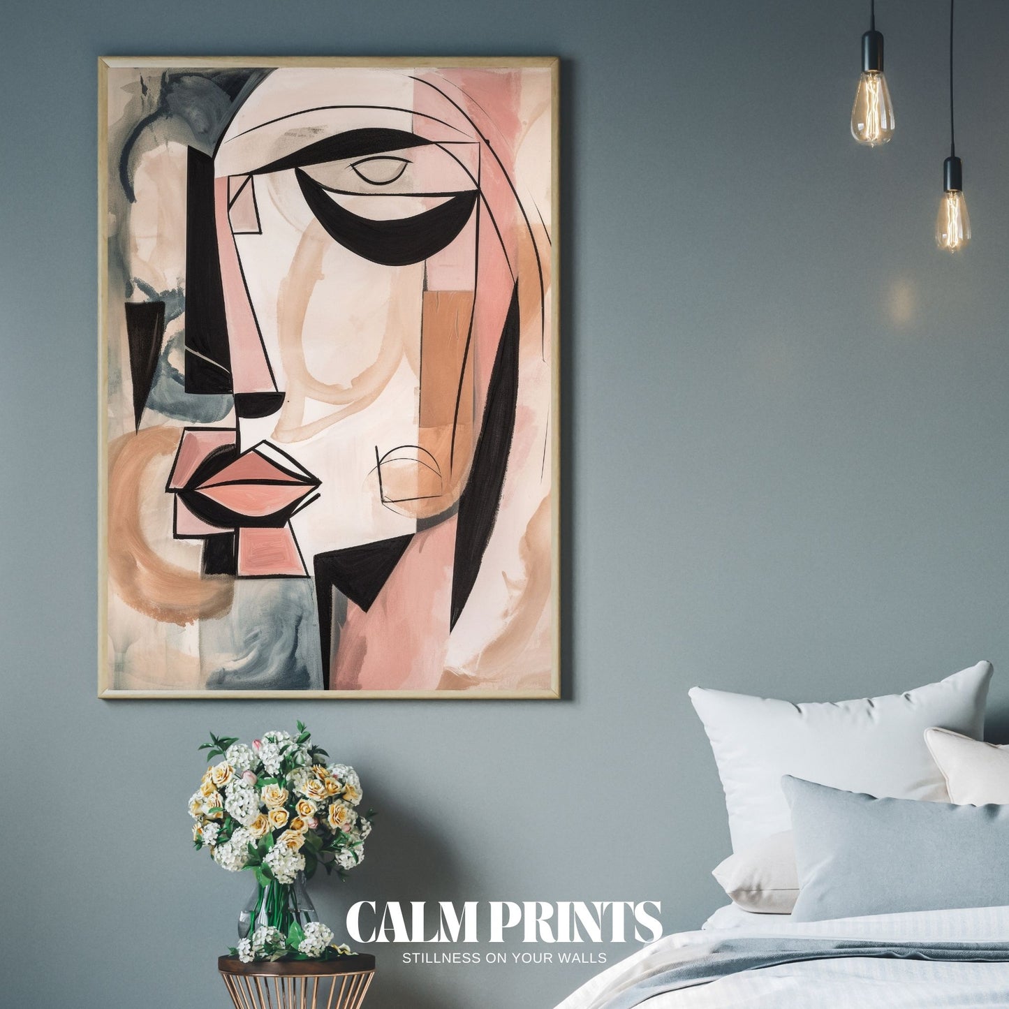 Poster of abstract face line art with a pastel background for calm interiors