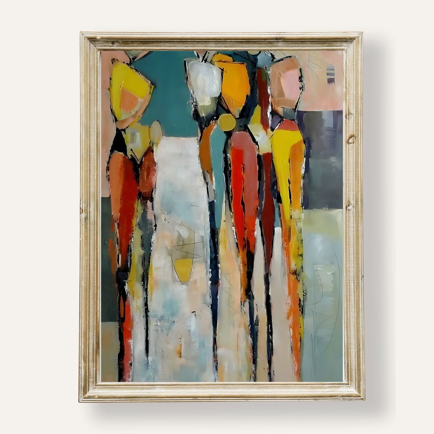 Abstract poster featuring expressive figures in vivid colours