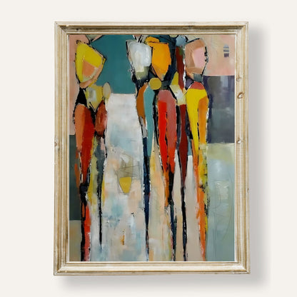 Abstract poster featuring expressive figures in vivid colours