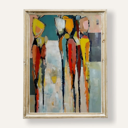Abstract poster featuring expressive figures in vivid colours