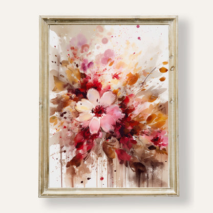 Abstract floral explosion print with vivid colour bursts and dynamic shapes