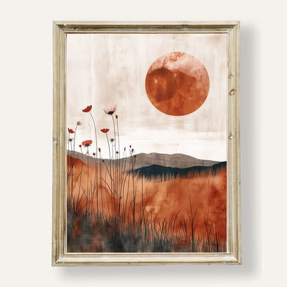 Abstract landscape poster with a striking red sun at its heart