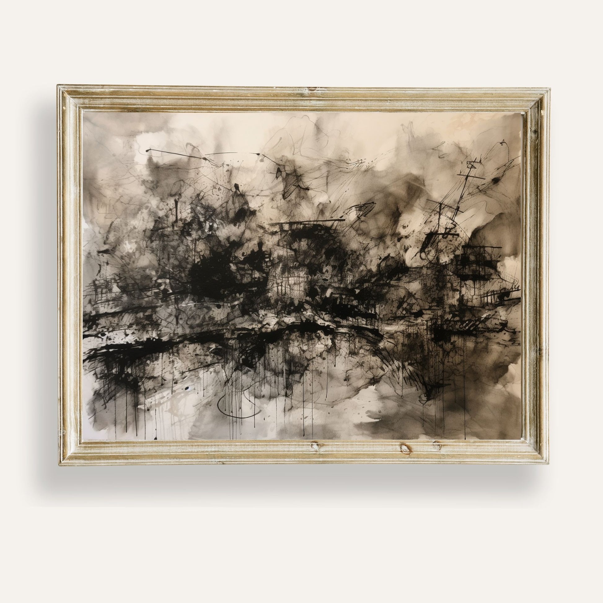 Abstract monochrome splatter poster with bold black and white contrasts