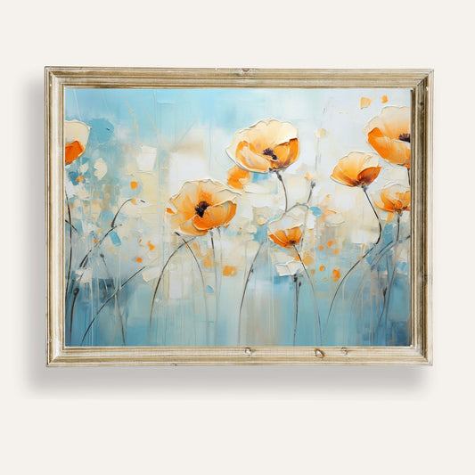 Abstract orange blossoms painted on a soft blue canvas background