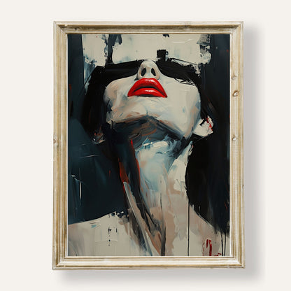 Abstract portrait poster featuring bold red lips and artistic charm
