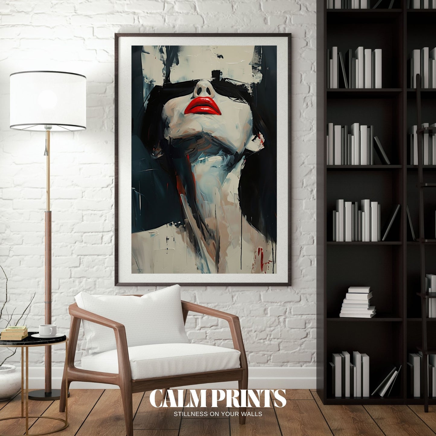 Abstract portrait of a woman with deep red lips and fluid lines