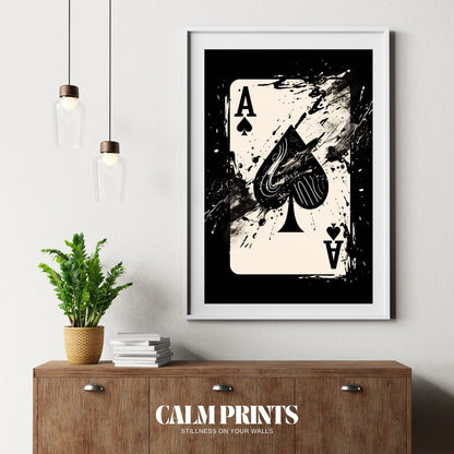 Black and white poster featuring the Ace of Spades in artistic form