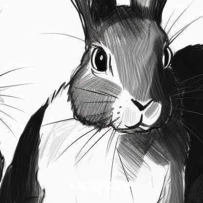 Adorable rabbits captured in black and white sketch for a timeless look
