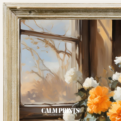 Print of a peaceful afternoon tea moment with sunlight streaming in
