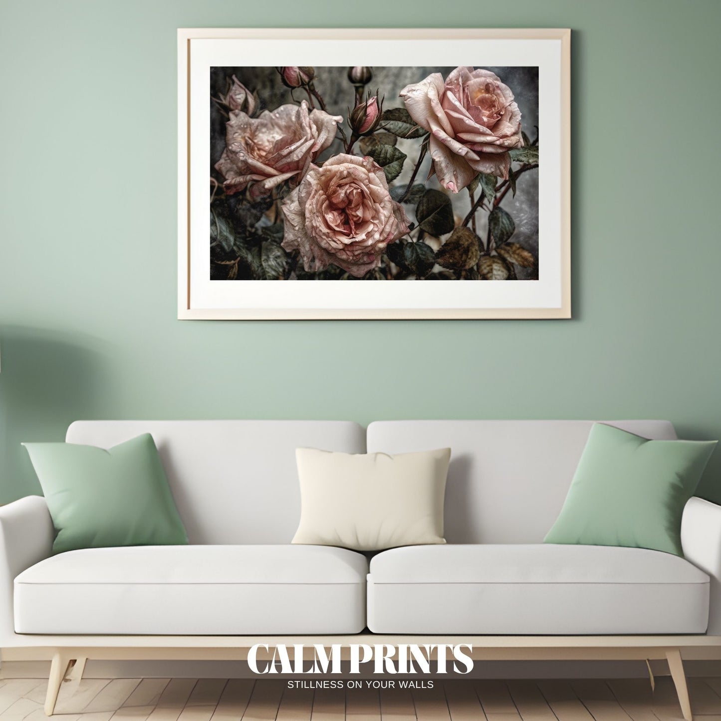 Antique-style roses bathed in gentle morning light and natural dew
