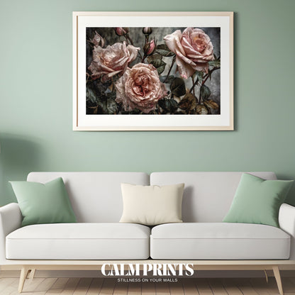 Antique-style roses bathed in gentle morning light and natural dew
