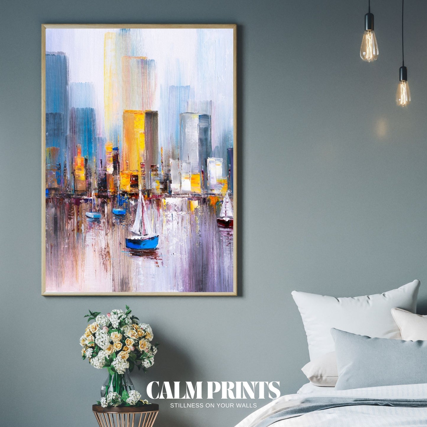 Artistic poster showing boats on water against a city skyline