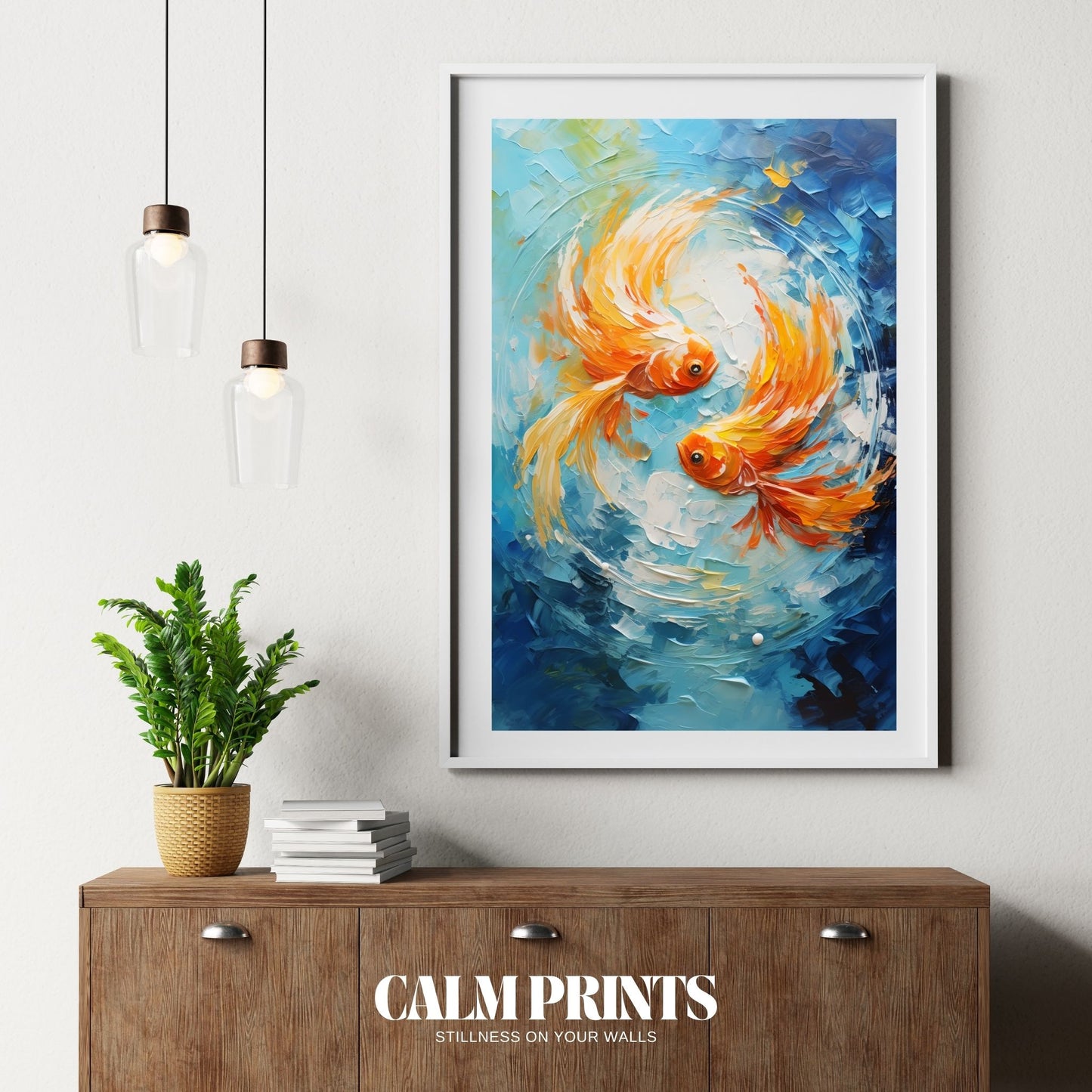 Art of flowing koi fish arranged in a circular, abstract motion
