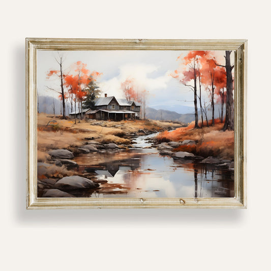 Autumn cabin nestled by a serene stream in a peaceful woodland setting