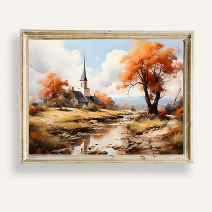 Charming autumn church by the creek surrounded by golden leaves