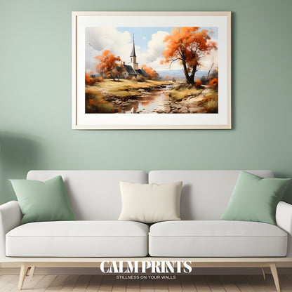 Artwork of a church by a stream framed in glowing autumn colours