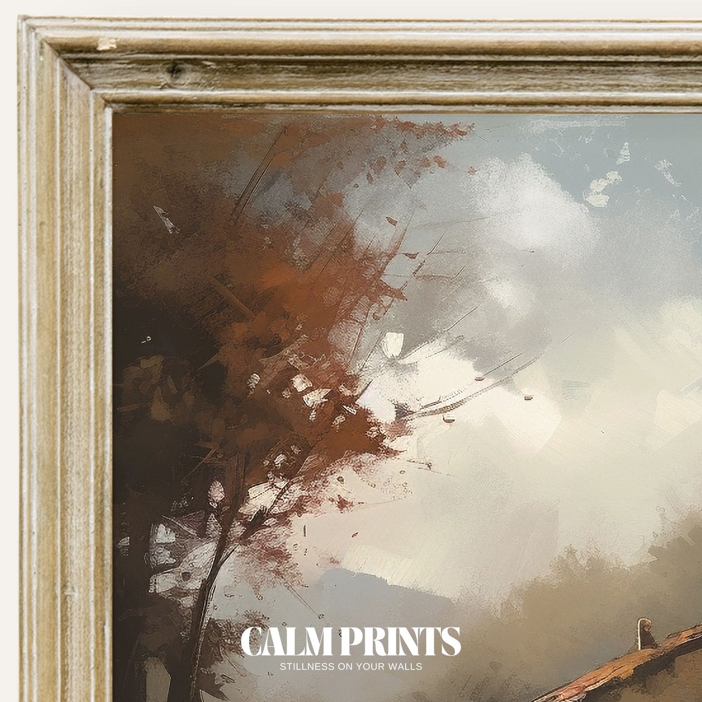 Serene print of a winding autumn trail guiding the way to a cosy cottage
