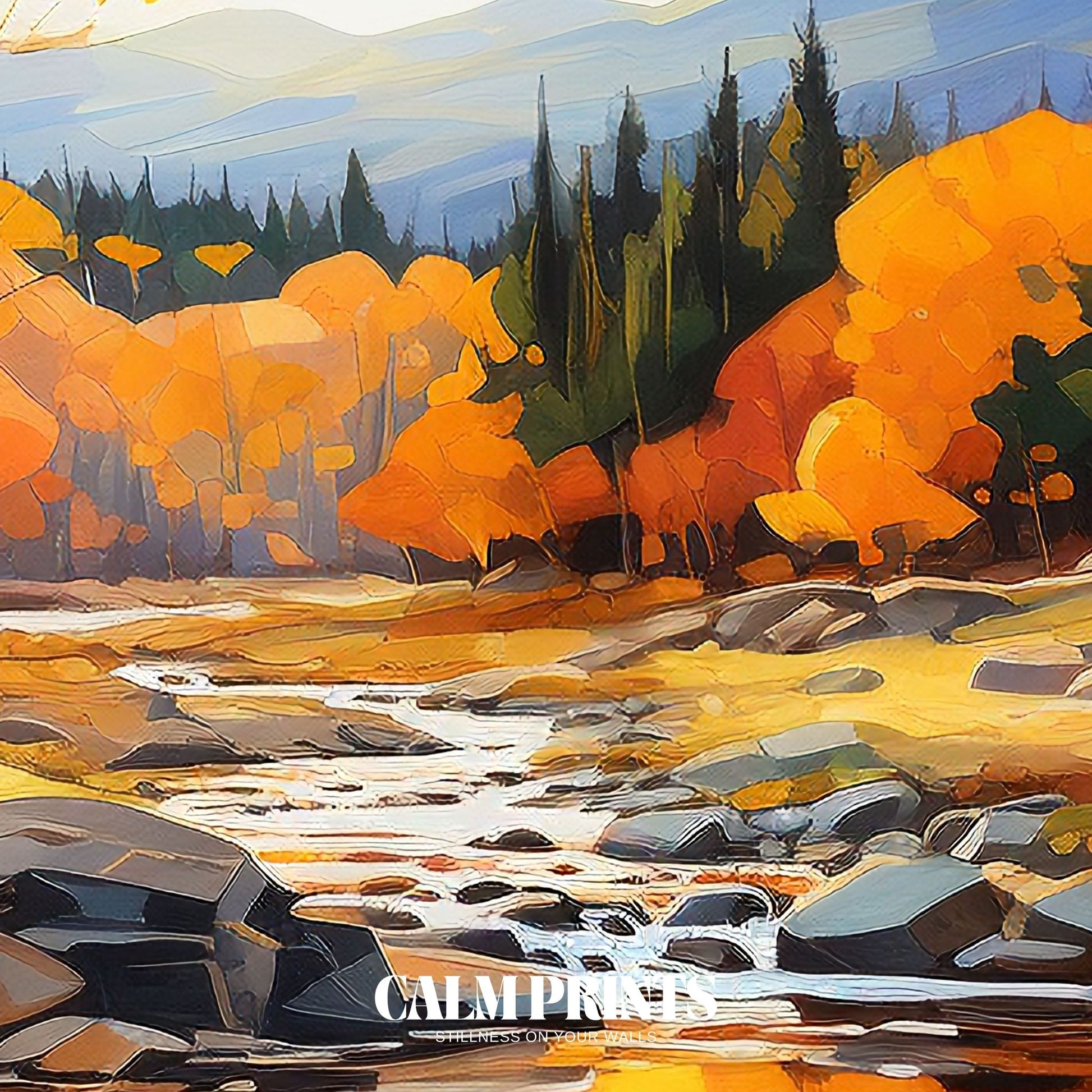 Autumn hues embrace a quiet stream beneath a glowing evening sky