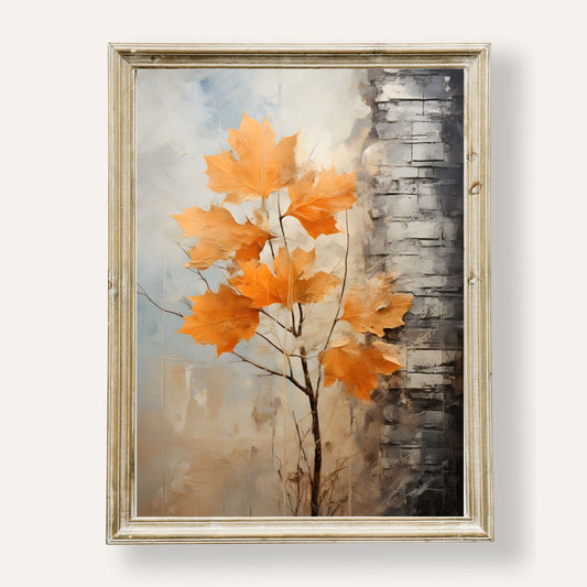 Poster of golden autumn leaves gently resting on a rustic brick wall