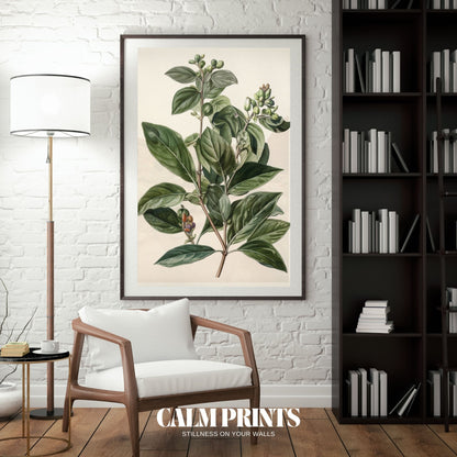 Autumn-themed botanical print with berries nestled among crisp leaves
