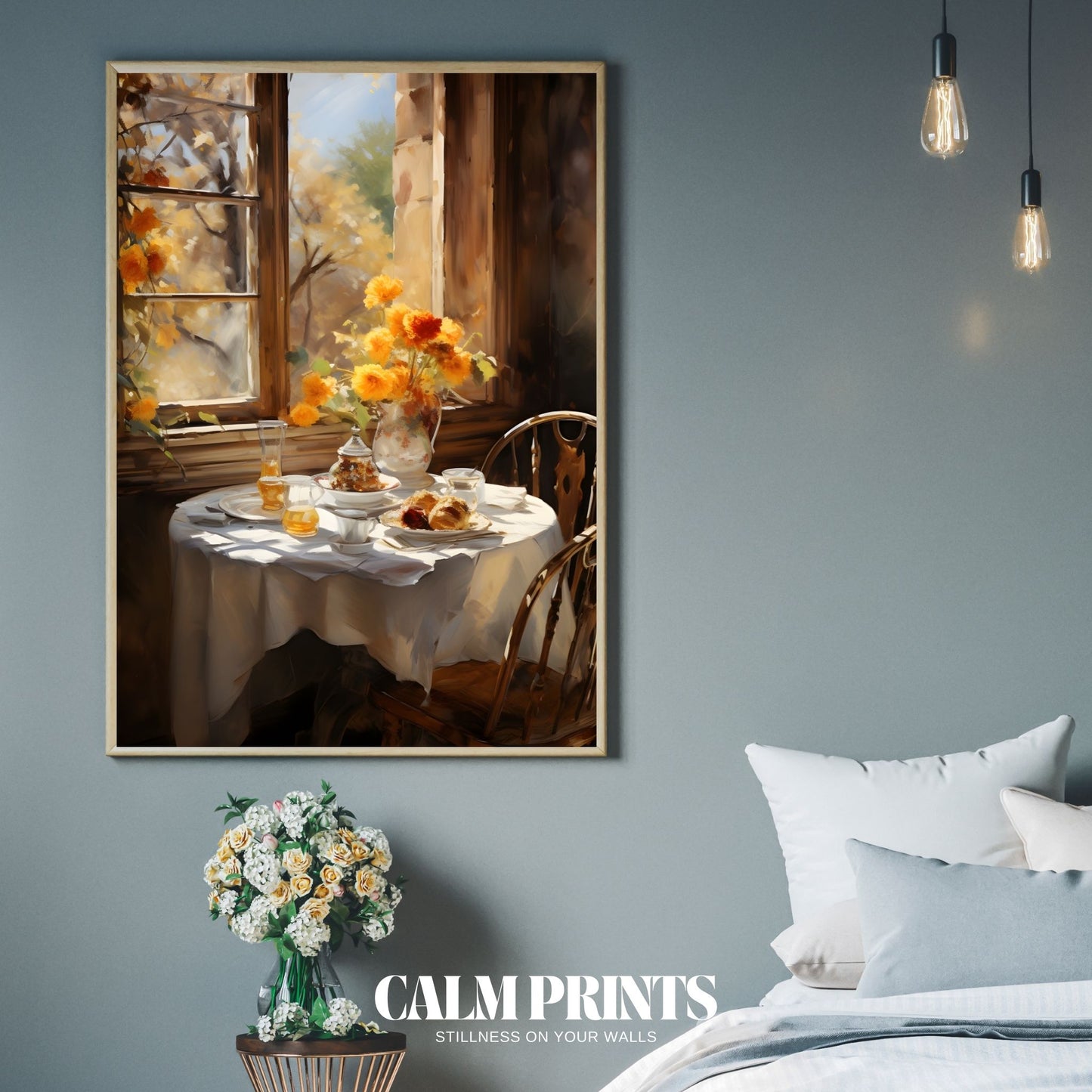 Autumn light falling on a peaceful breakfast setting by the window