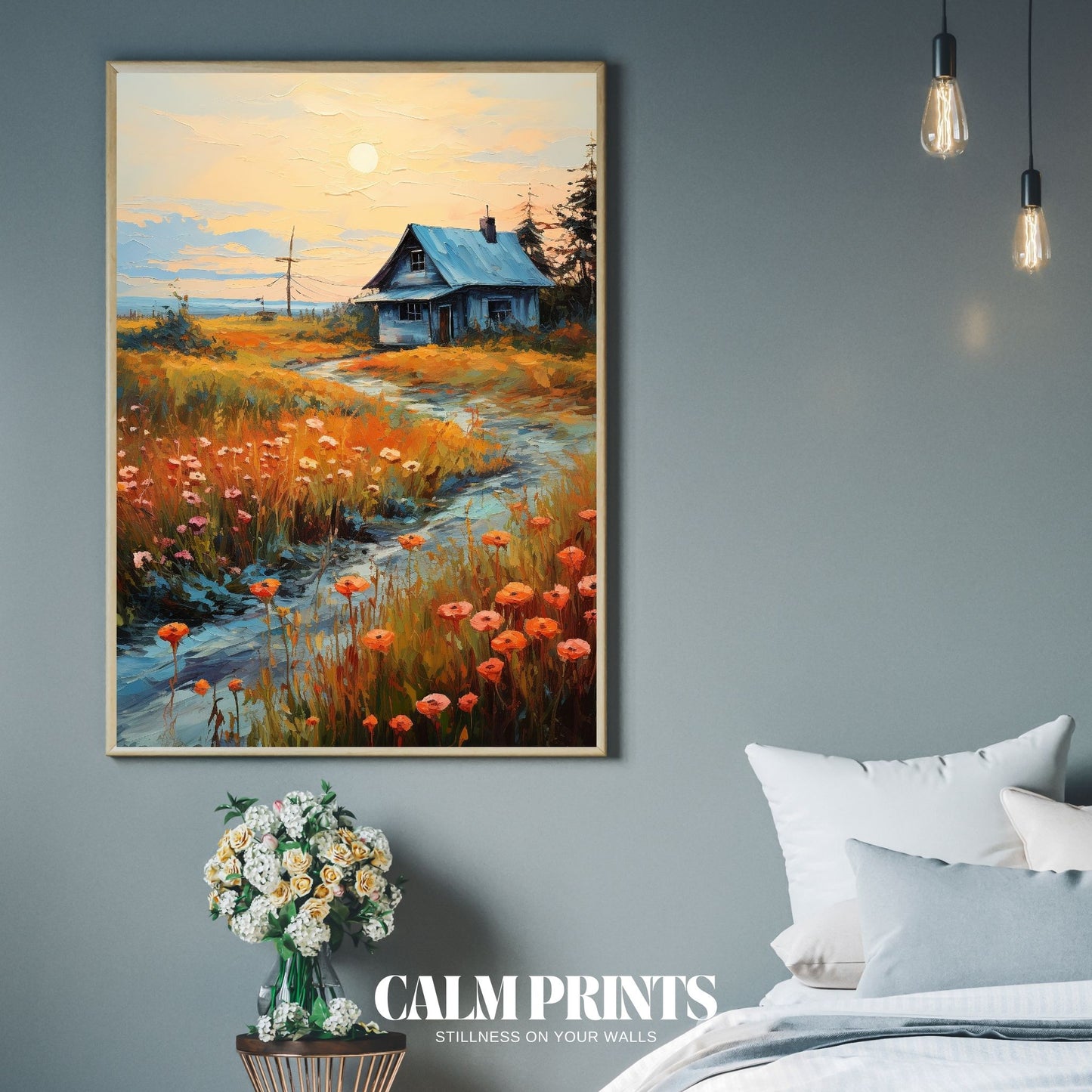 Lonely cabin in an autumn meadow surrounded by vivid foliage