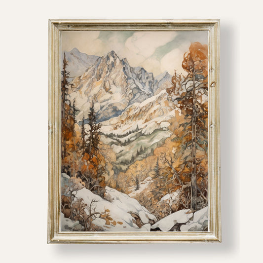 Autumn mountain landscape with snow-covered peaks and golden trees