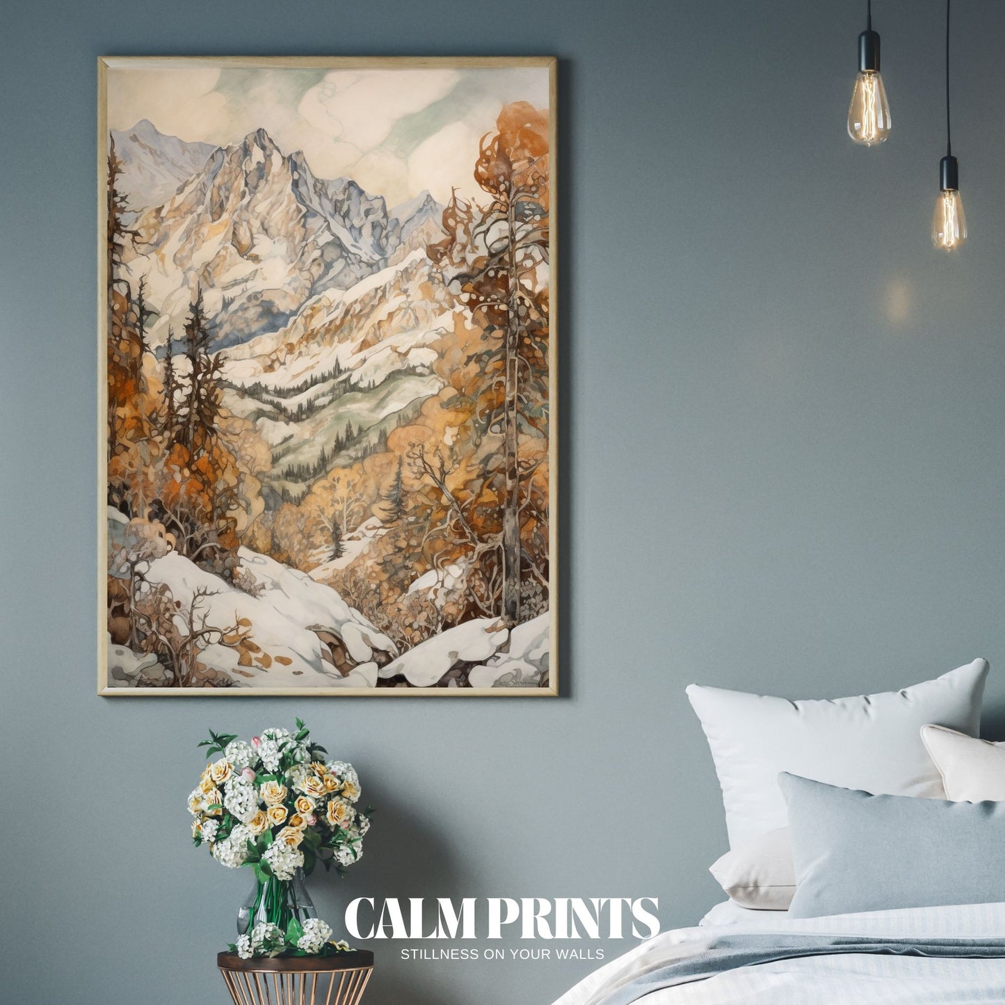 Panoramic artwork of autumn mountains with white peaks in the distance