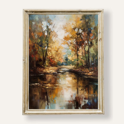 Tranquil autumn reflection by the lake with golden trees mirrored in still water