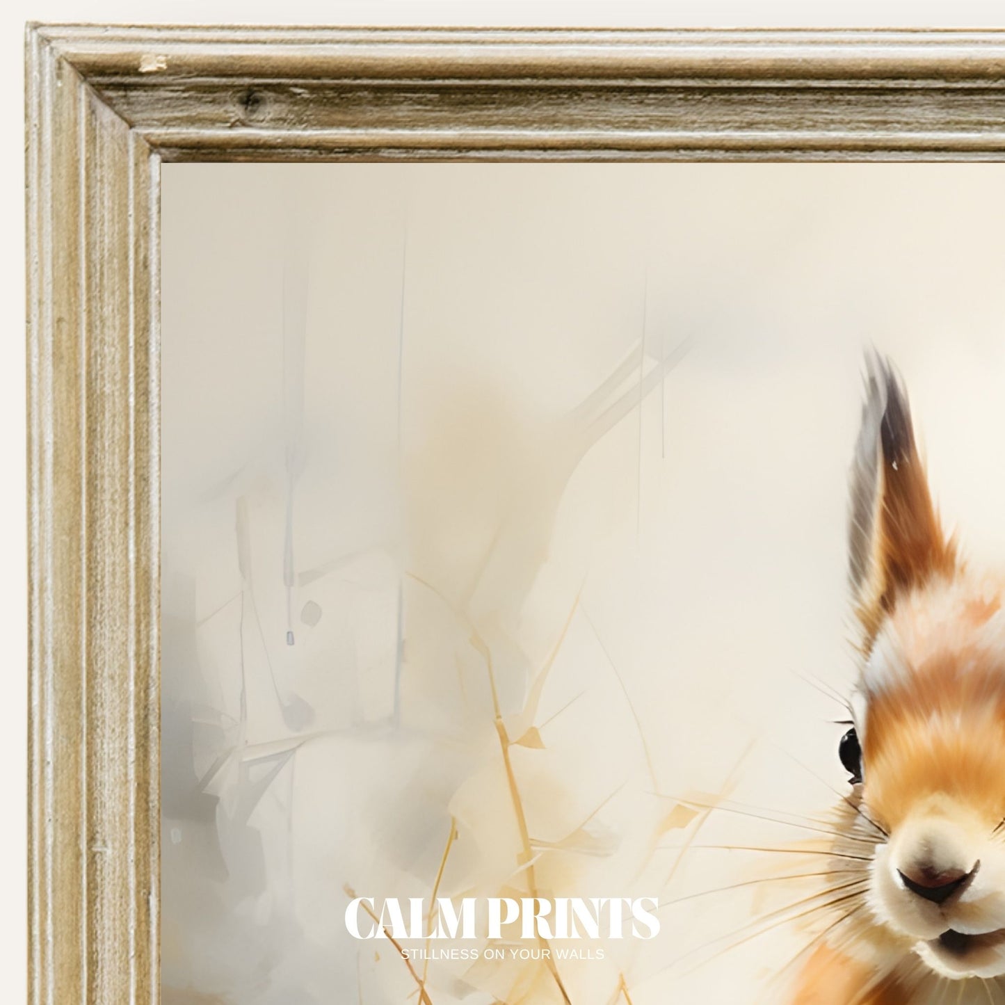 Print of a squirrel exploring fallen leaves on a peaceful autumn morning
