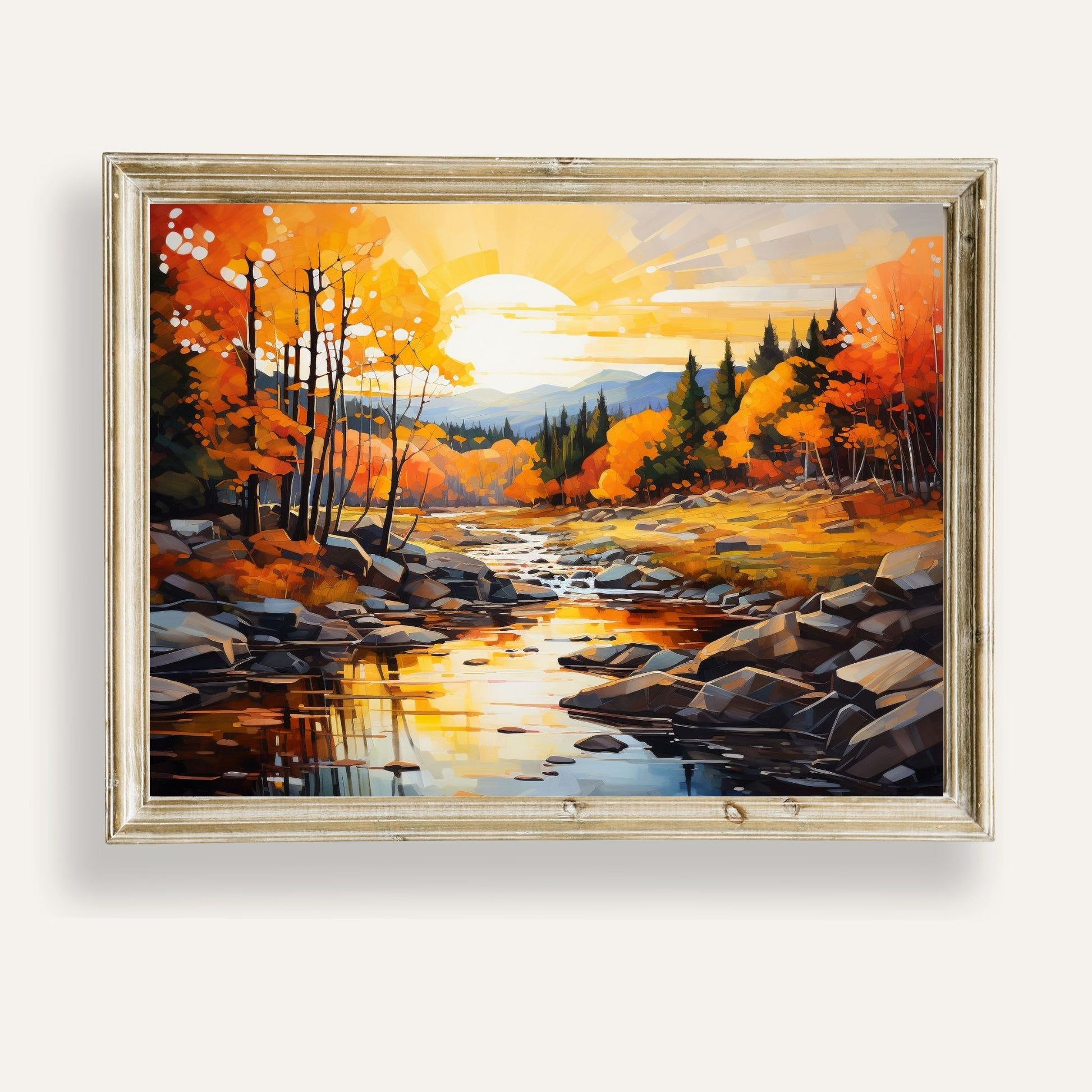 Golden autumn sunset glowing softly over a serene, winding stream