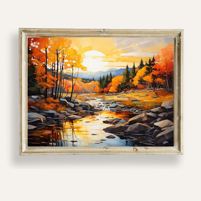 Golden autumn sunset glowing softly over a serene, winding stream