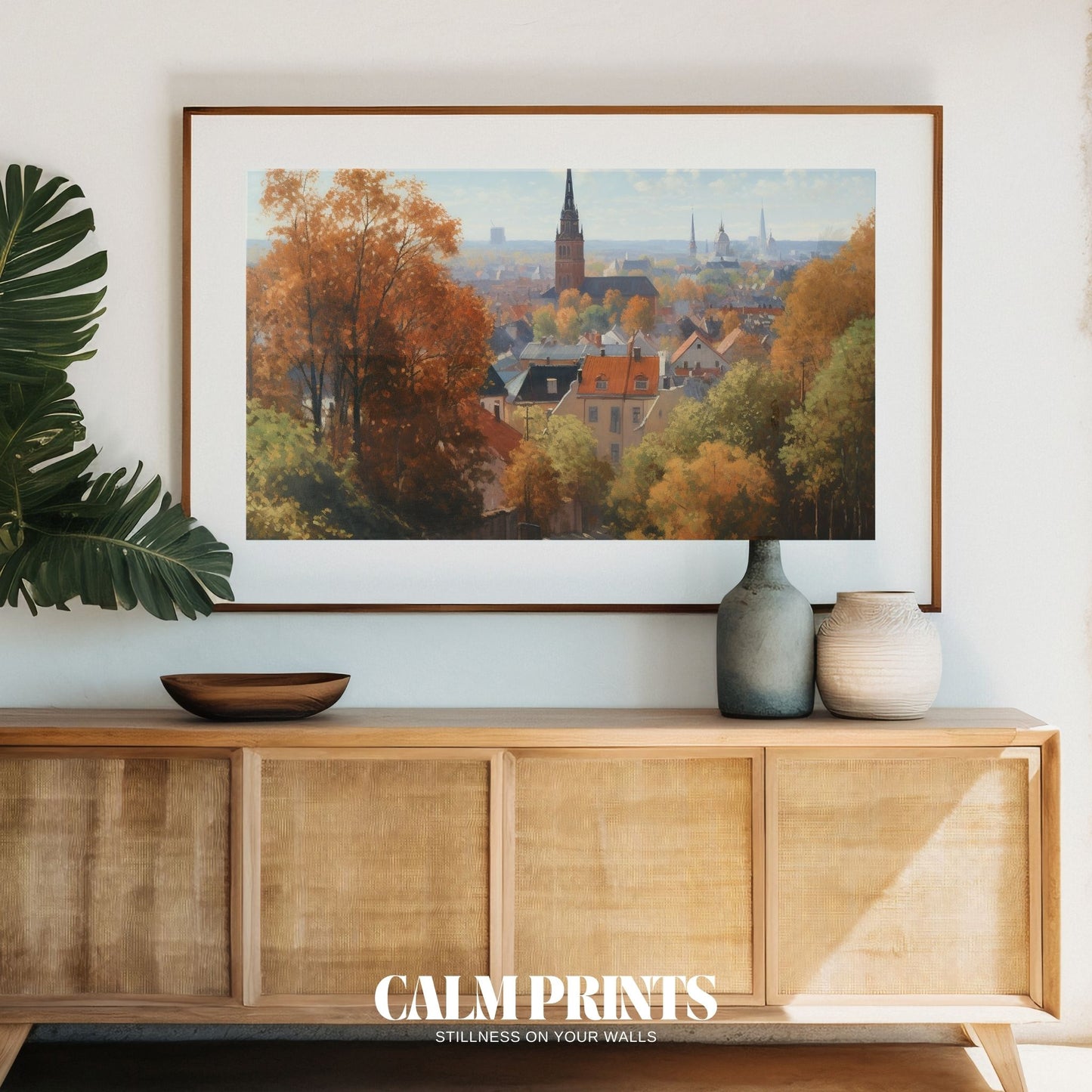 Townscape bathed in warm light and vibrant fall colours
