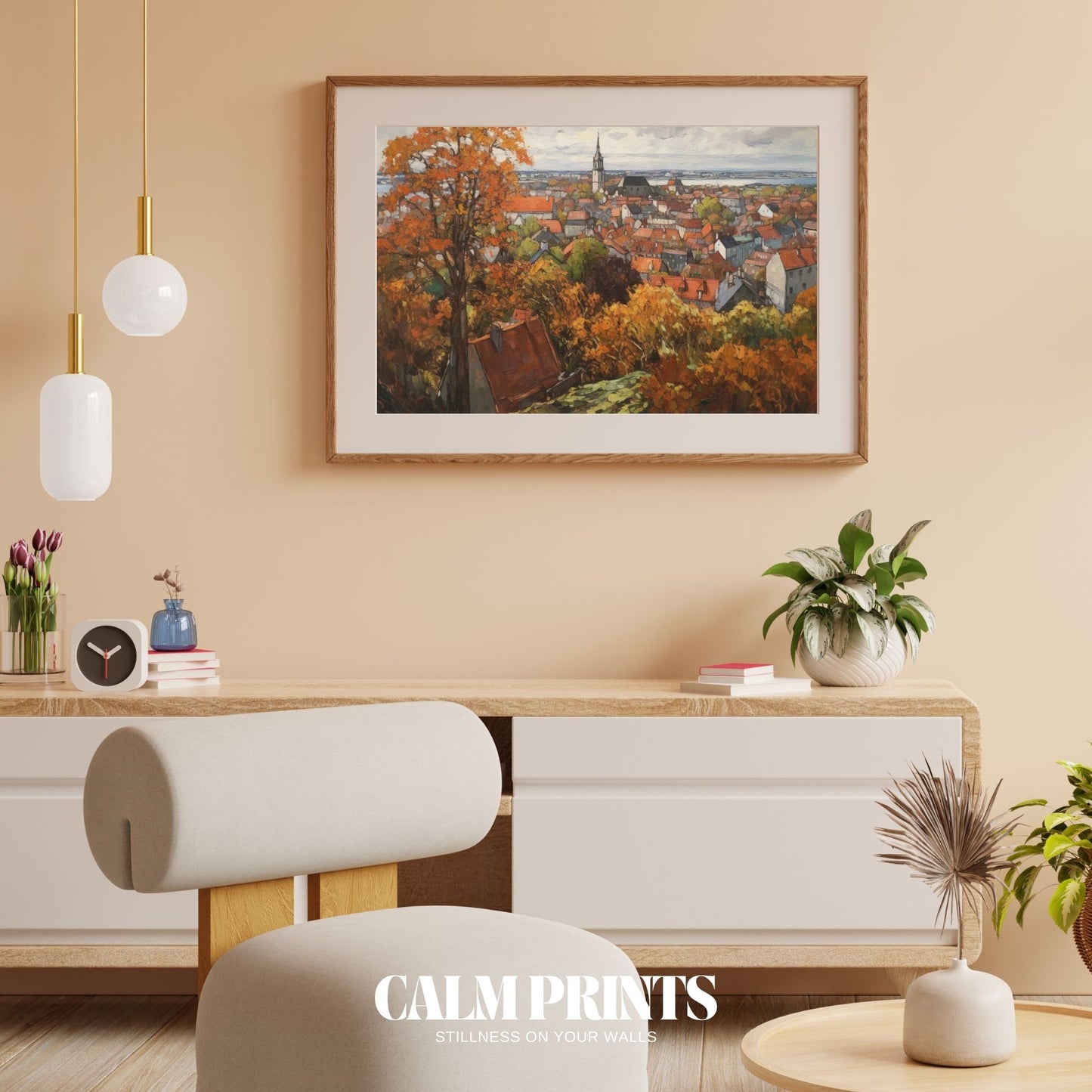 Village rooftops nestled among autumn trees in a tranquil setting
