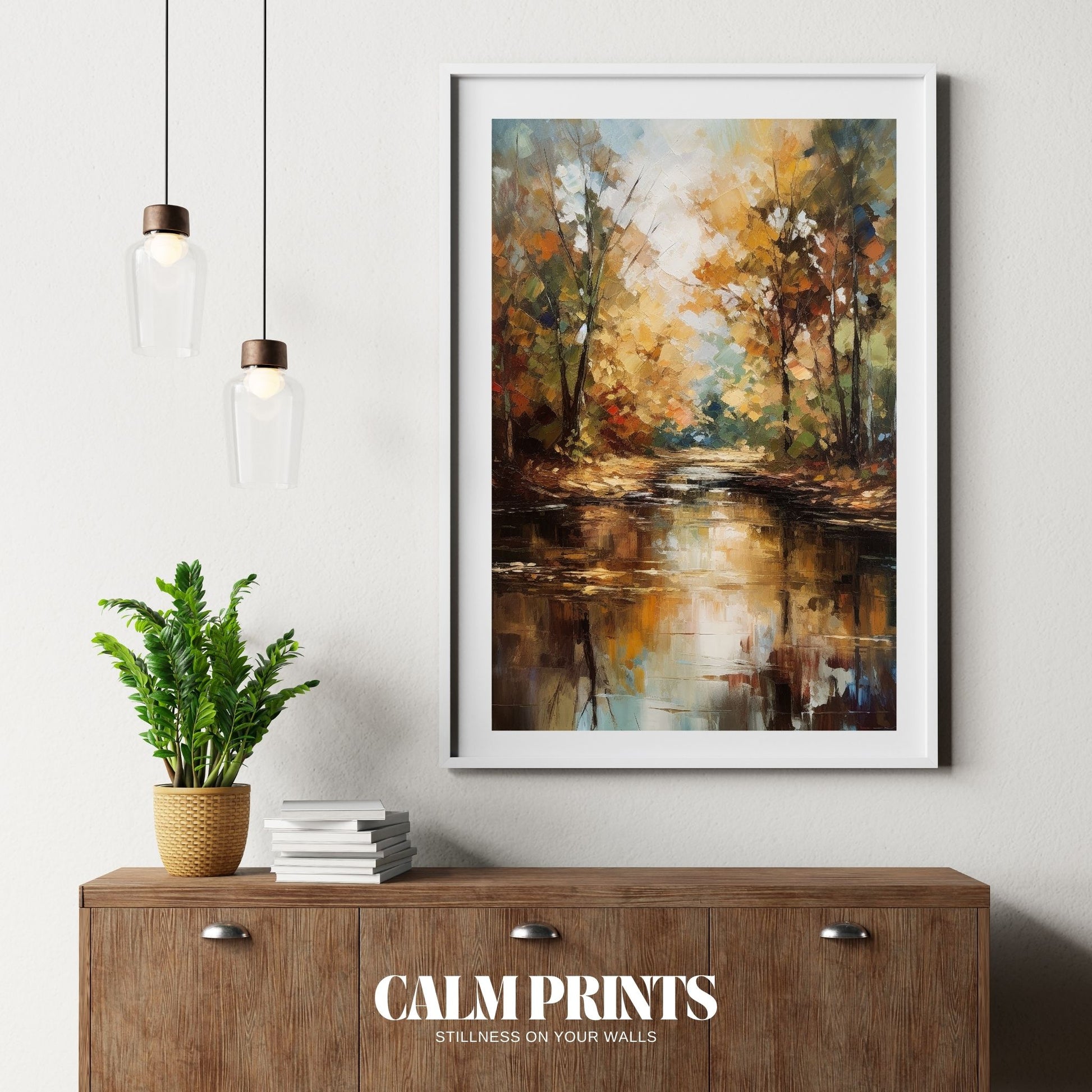 Poster of autumn’s rich colours mirrored in perfectly still lake water